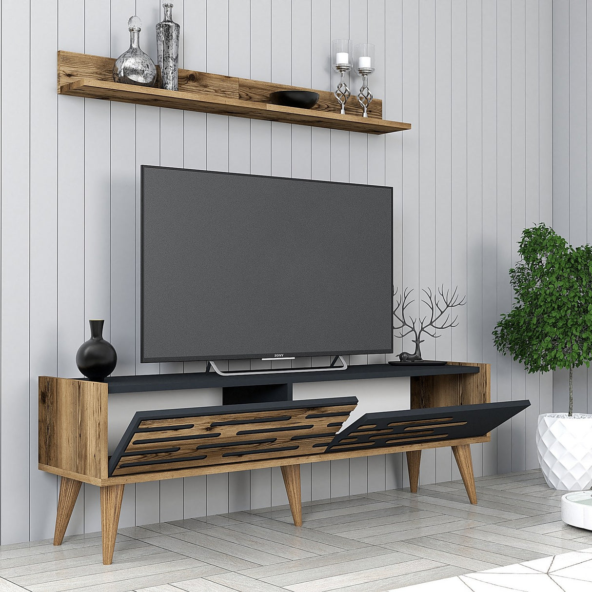 TV Meubel Set Valensiya Walnoot Antraciet Melamine 140x35x45 cm