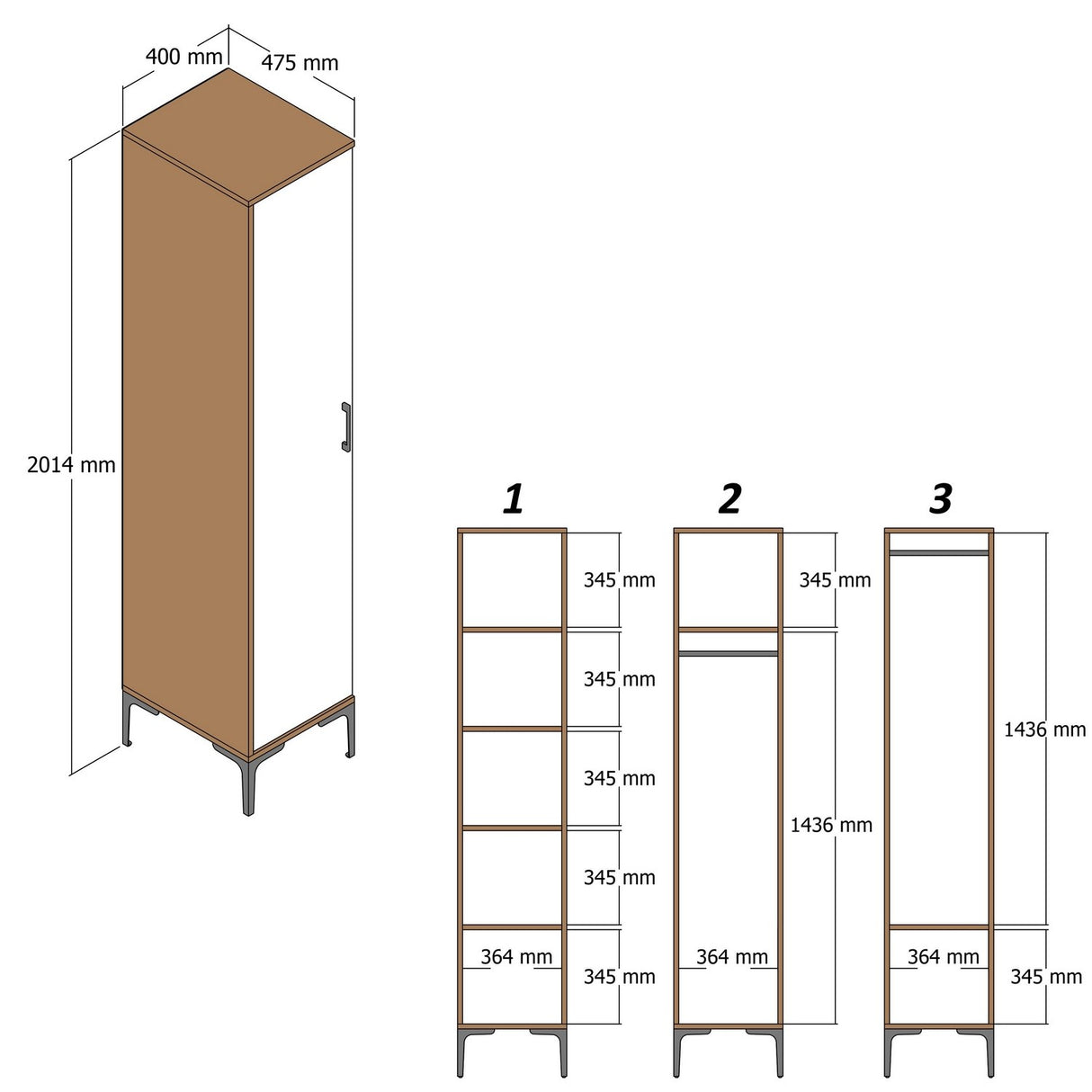 Kledingkasten - Kledingkast Kumual R Walnoot Wit Melamine 40x47,5x201,4 cm - Dimehouse
