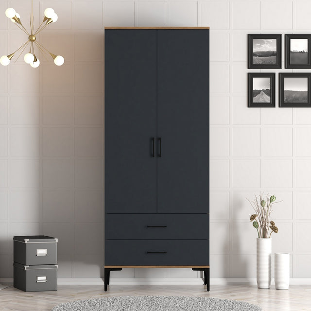 Kledingkasten - Kledingkast Kumsal T Walnoot Antraciet Melamine 80x47,5x201,4 cm - Dimehouse