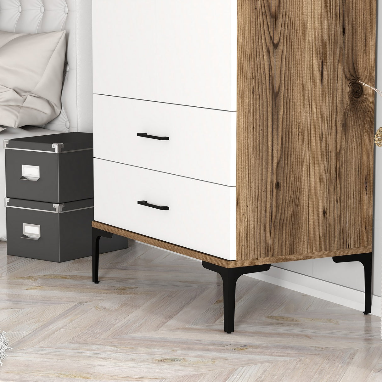 Kledingkasten - Kledingkast Kumsal T Walnoot Wit Melamine 80x47,5x201,4 cm - Dimehouse