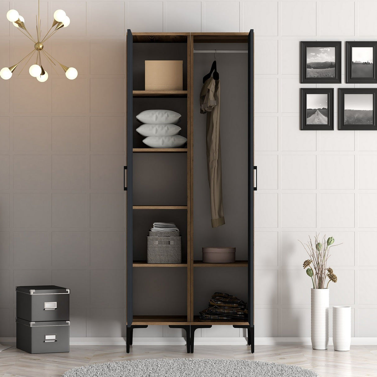 Kledingkasten - Kledingkast Kumsal PR Walnoot Antraciet Melamine 80x47,5x201,4 cm - Dimehouse
