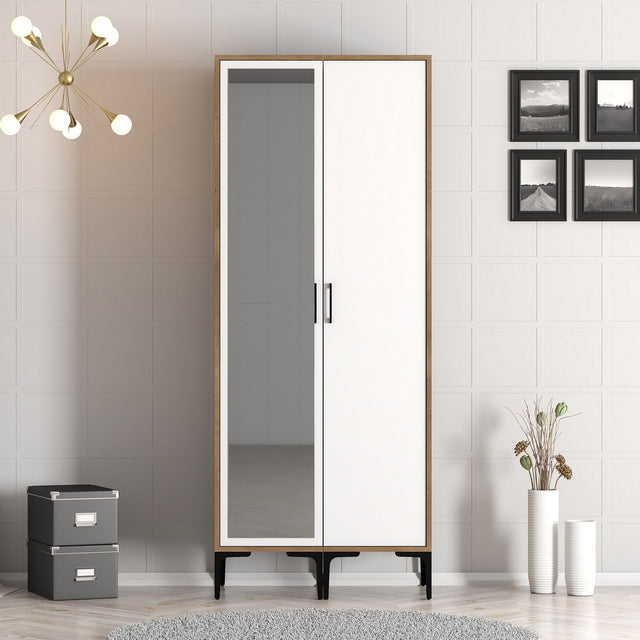 Kledingkasten - Kledingkast Kumsal RS Walnoot Wit Melamine 80x47,5x201,4 cm - Dimehouse