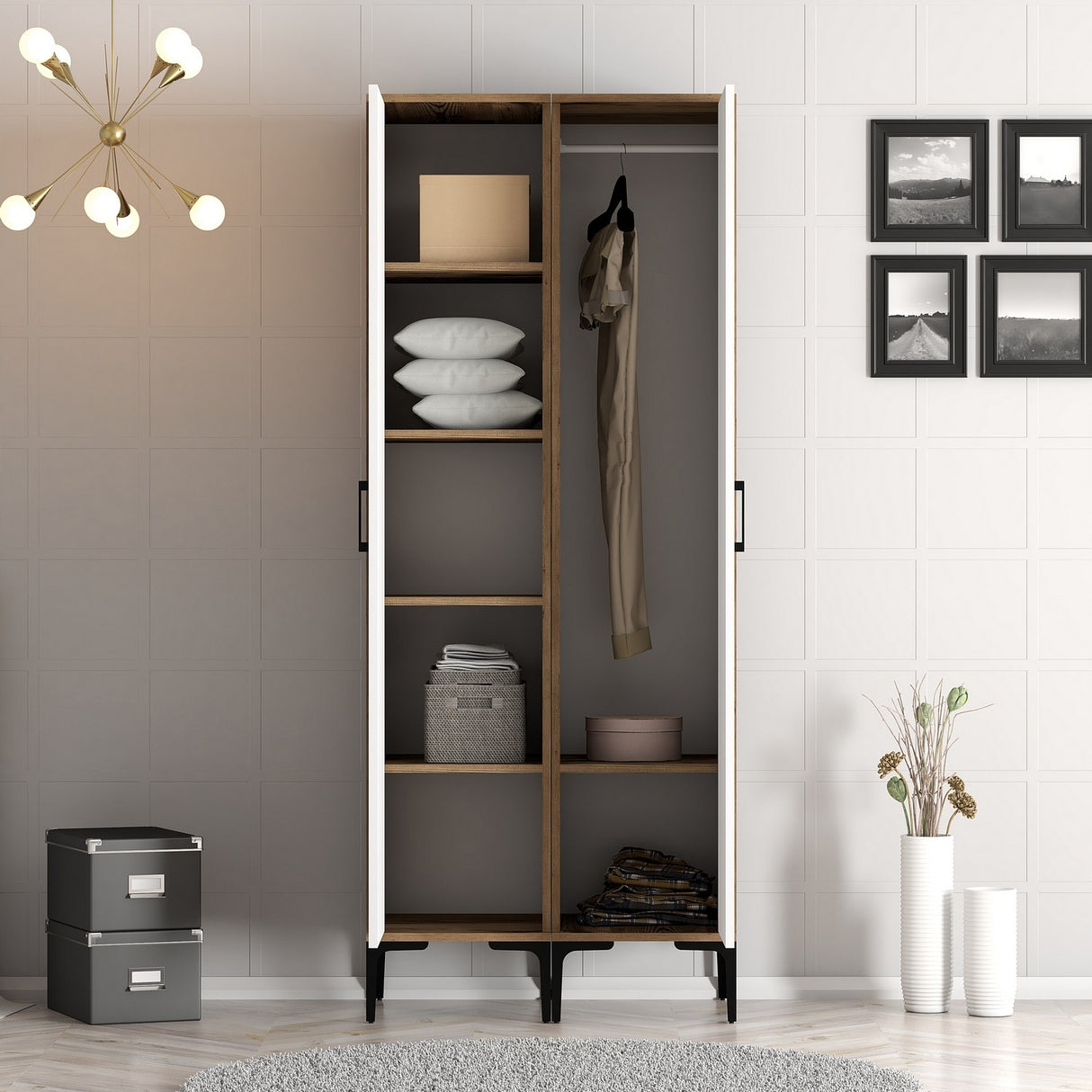 Kledingkasten - Kledingkast Kumsal RS Walnoot Wit Melamine 80x47,5x201,4 cm - Dimehouse