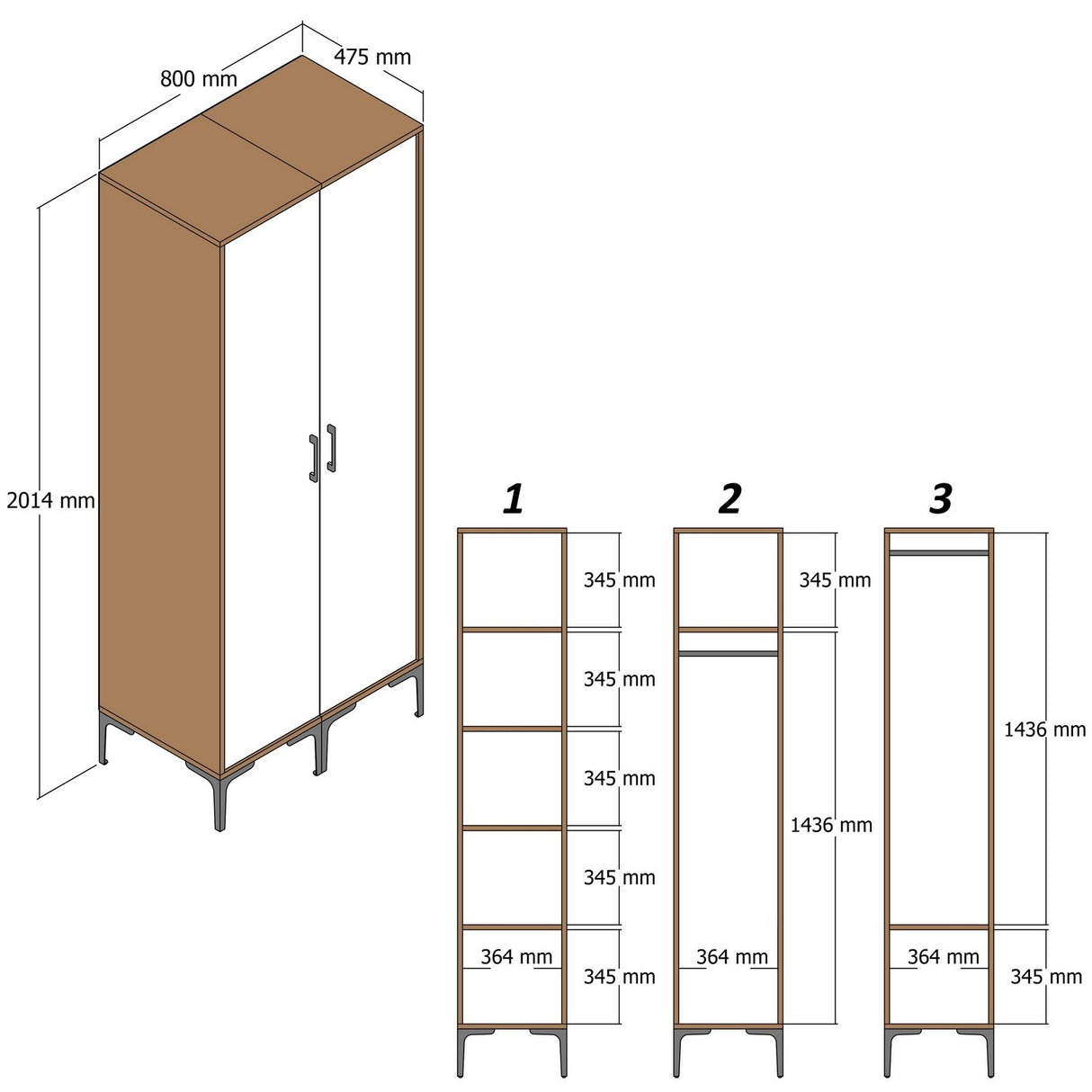 Kledingkasten - Kledingkast Kumsal PP Walnoot Antraciet Melamine 80x47,5x201,4 cm - Dimehouse