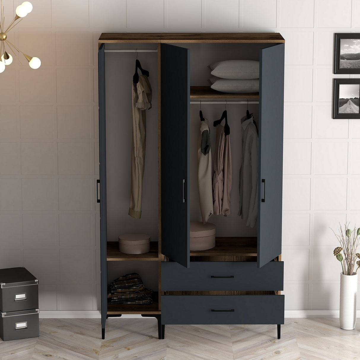 Kledingkasten - Kledingkast Kumual PT Walnoot Antraciet Melamine 120x47,5x201,4 cm - Dimehouse