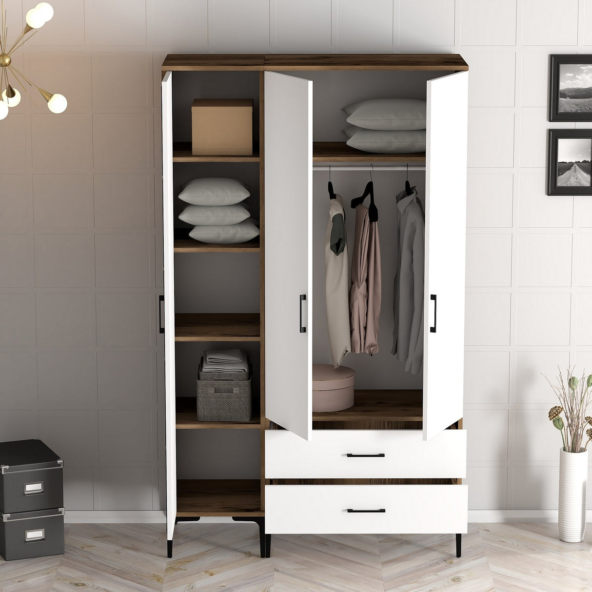 Kledingkasten - Kledingkast Kumual ST Walnoot Wit Melamine 120x47,5x201,4 cm - Dimehouse
