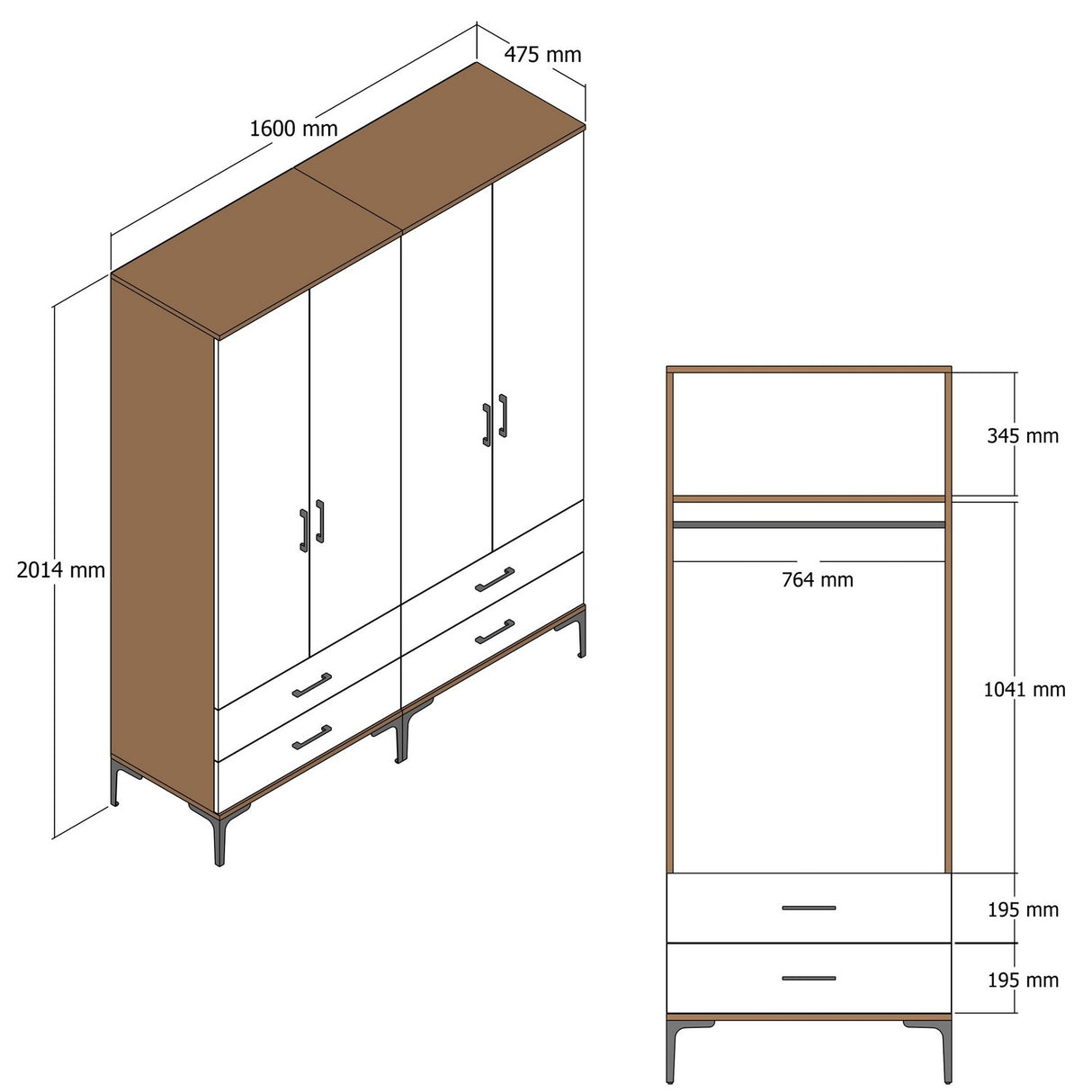 Kledingkasten - Kledingkast Walnoot en Wit Melamine - hang en leg - 160x 200 x 47 cm - Kumsal - Dimehouse