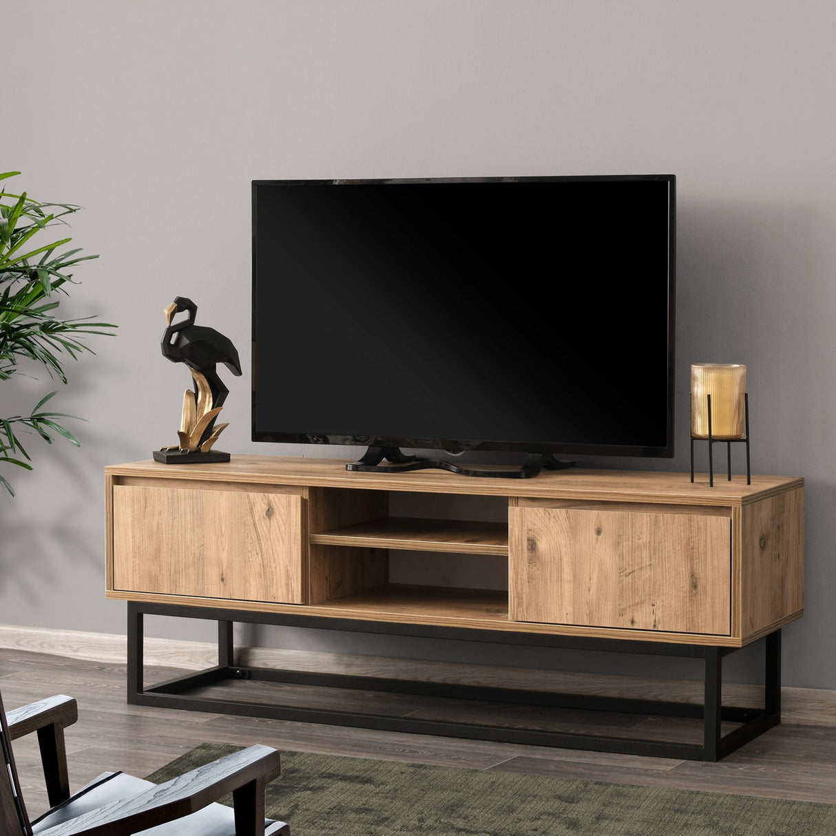 TV Meubels - TV Meubel Belinda Zwart Dennenhout Melamine 140x50x40 cm - Dimehouse