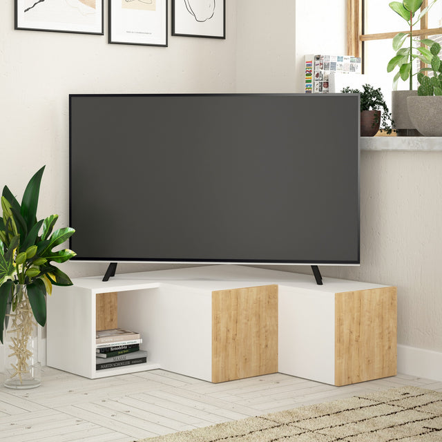 TV Meubels - TV Meubel Compact Wit Eik Melamine 90x32x92 cm - Dimehouse