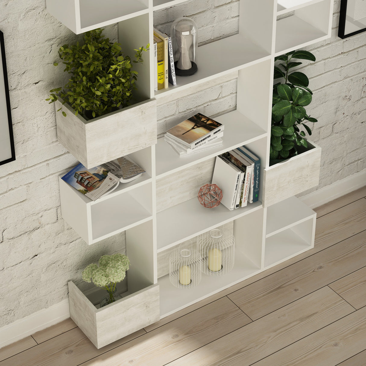 Modern bookcase with asymmetrical compartments white melamine Niho 120x171x20 cm
