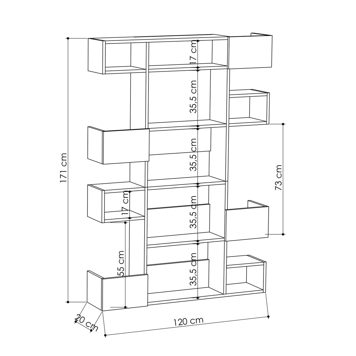Modern bookcase with asymmetrical compartments white melamine Niho 120x171x20 cm