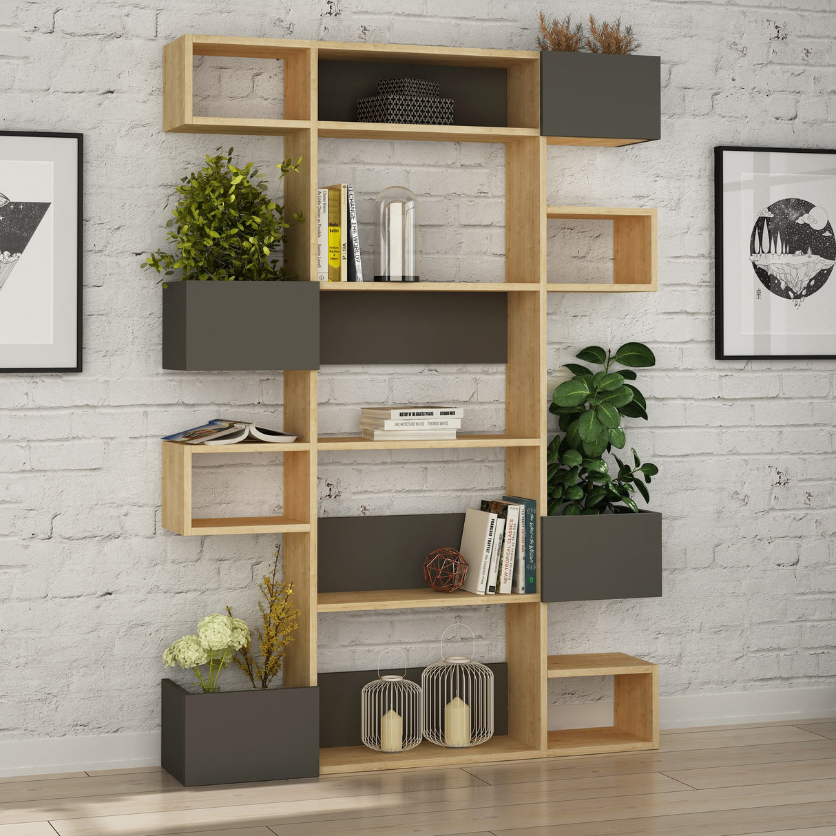 Modern bookcase with asymmetrical compartments oak anthracite melamine Niho 120x171x20 cm