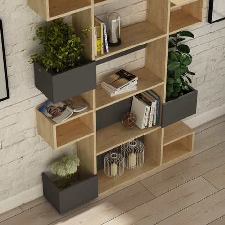 Modern bookcase with asymmetrical compartments oak anthracite melamine Niho 120x171x20 cm