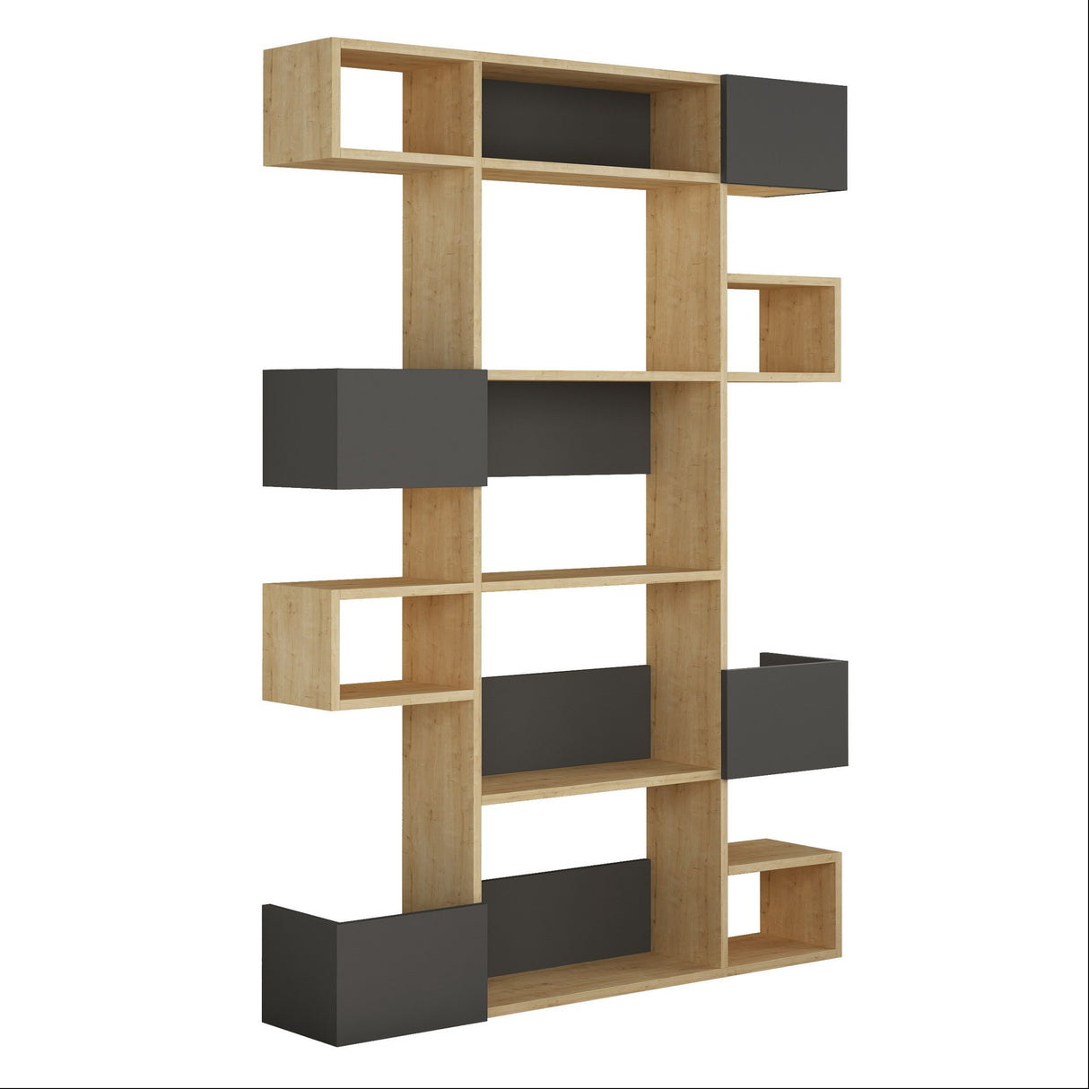 Modern bookcase with asymmetrical compartments oak anthracite melamine Niho 120x171x20 cm