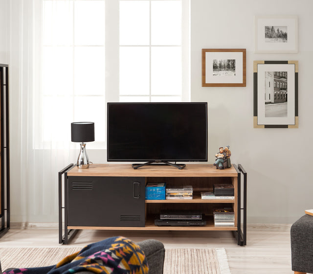 TV Meubels - TV Meubel Cosmo Atlantisch Dennenhout Zwart Melamine 130x50x45 cm - Dimehouse