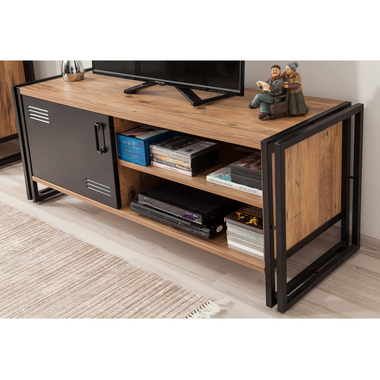 TV Meubels - TV Meubel Cosmo Atlantisch Dennenhout Zwart Melamine 130x50x45 cm - Dimehouse