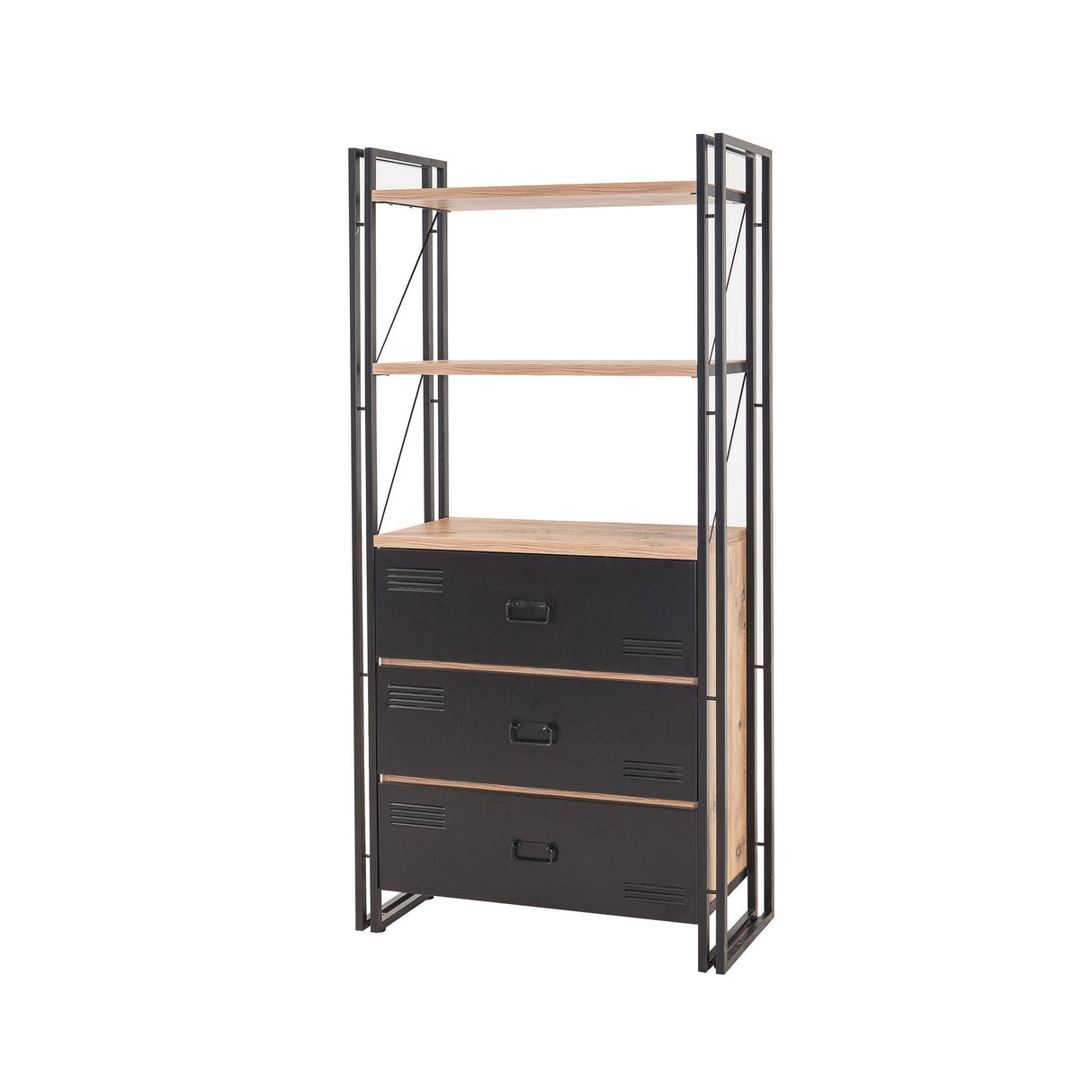 Industrial bookcase with drawers pine wood melamine black metal Cosmo 90x180x35 cm