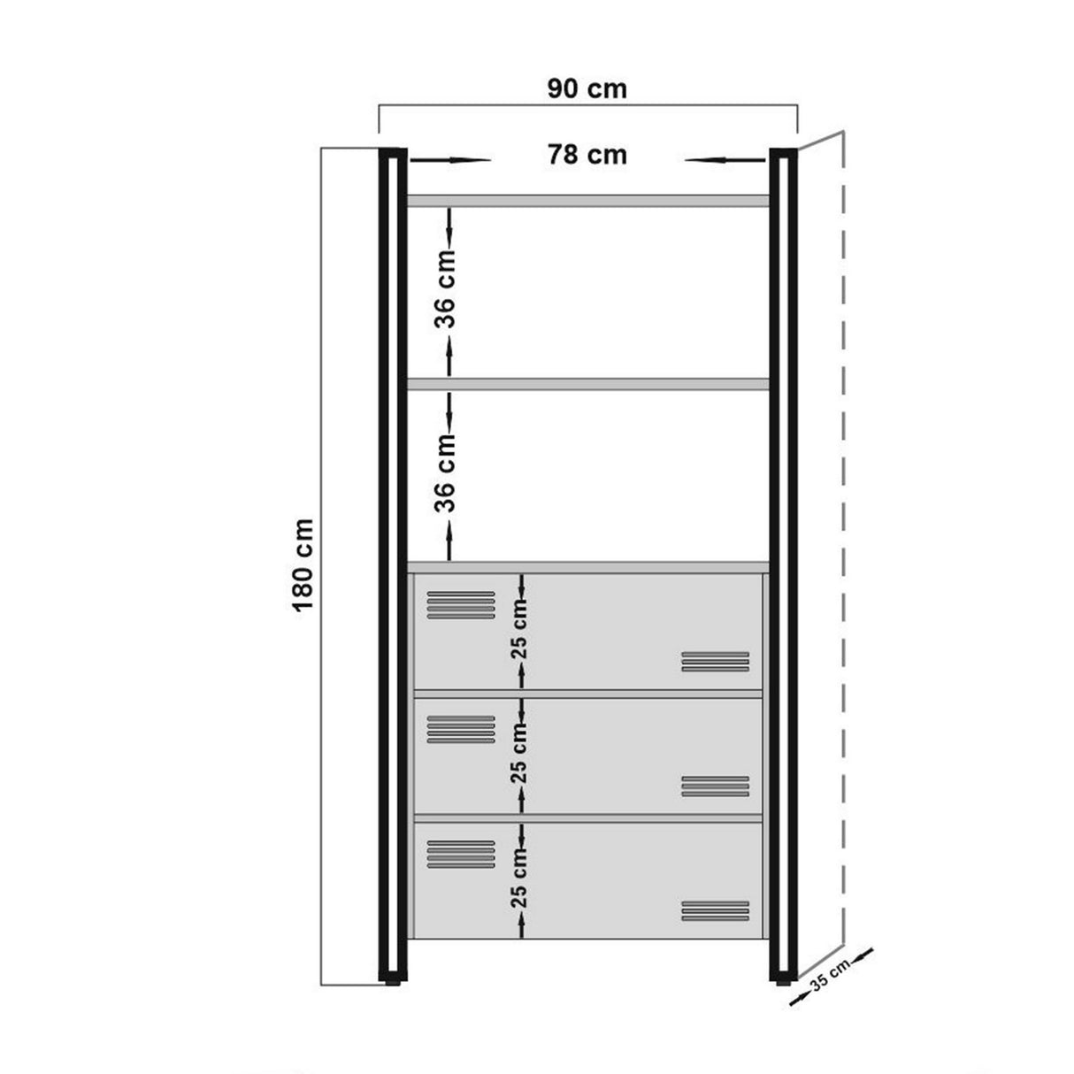 Industrial bookcase with drawers pine wood melamine black metal Cosmo 90x180x35 cm