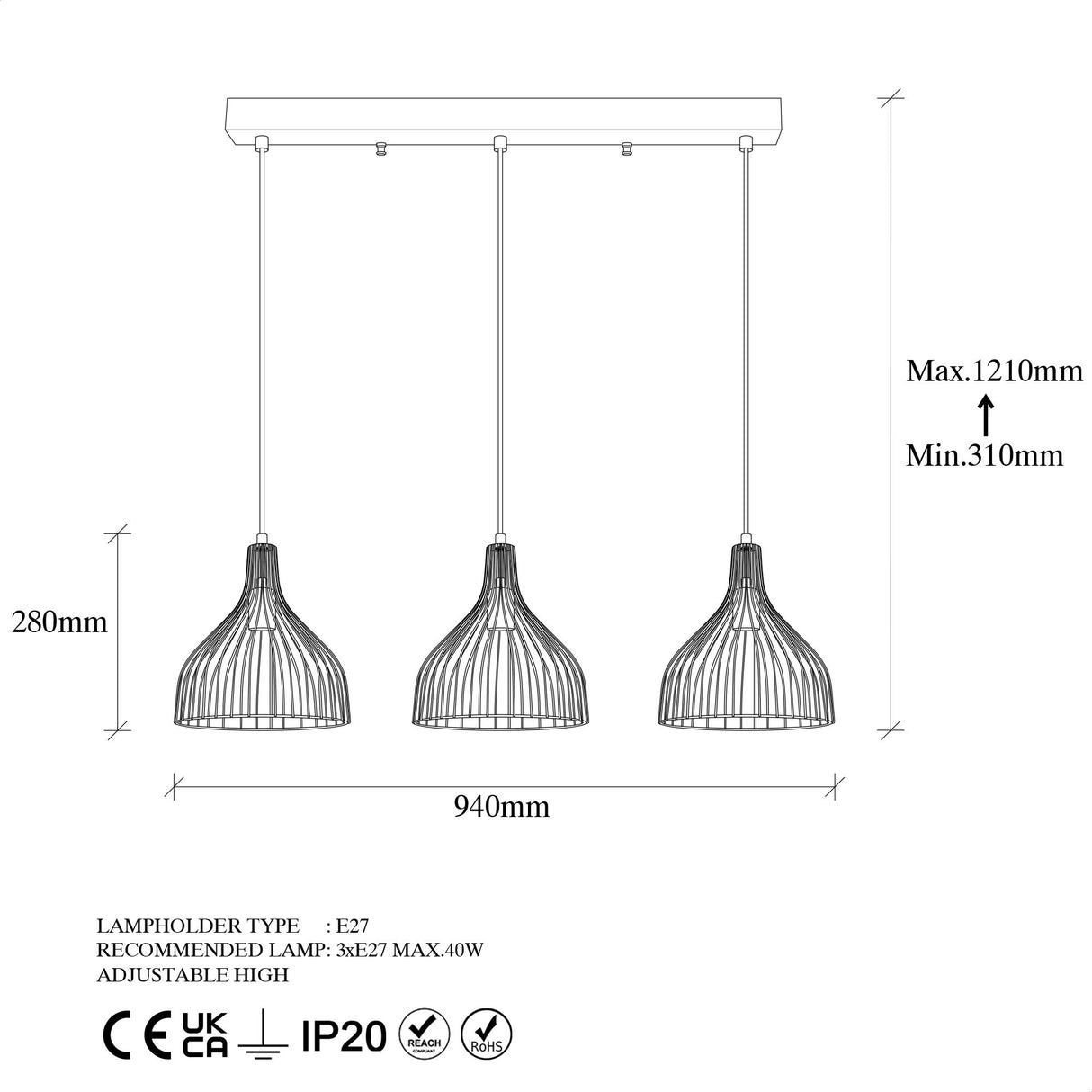 Hanglamp 3-lichts Zwart Metaal Vine