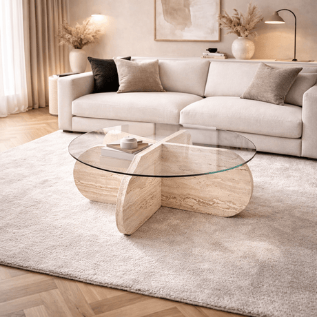 Aris Round Coffee Table 75 cm Glass - Travertine Base 