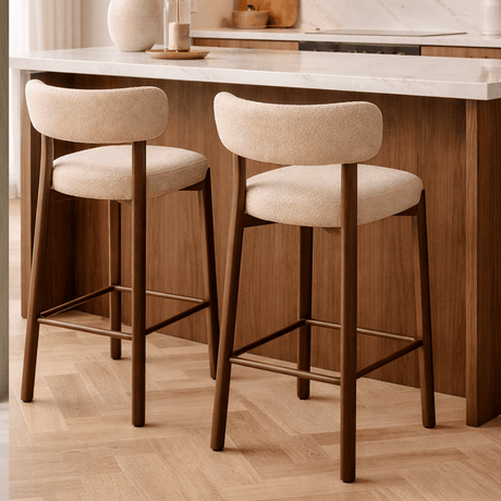 Bar stool bouclé sand Aiko - walnut look frame - Japandi