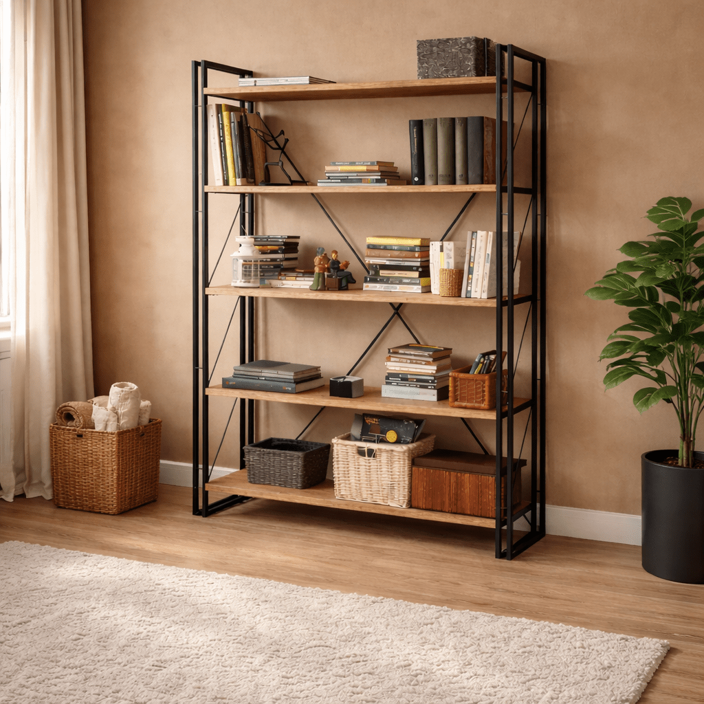 Industrial bookcase pine wood melamine black metal Cosmo 130x180x35 cm
