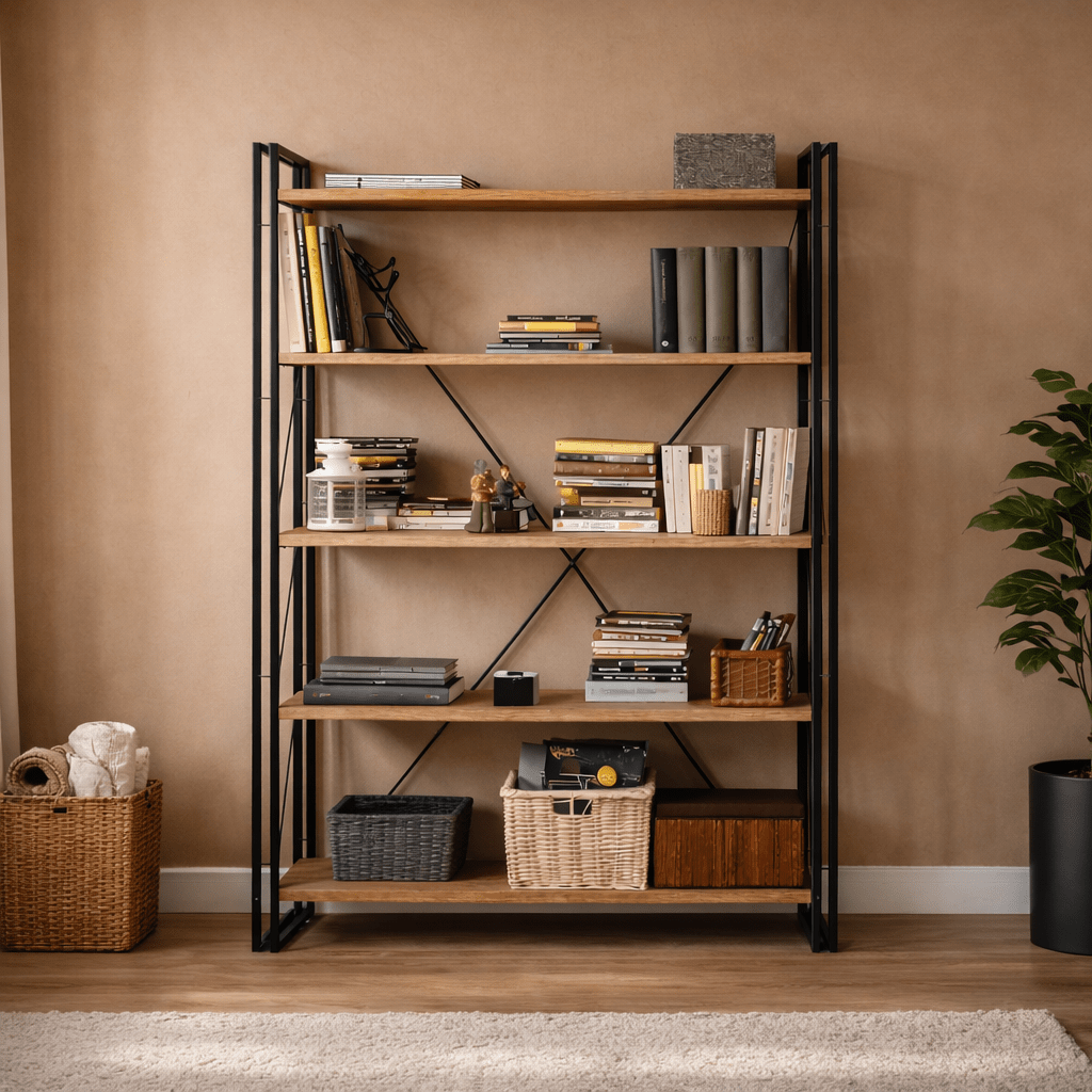 Industrial bookcase pine wood melamine black metal Cosmo 130x180x35 cm