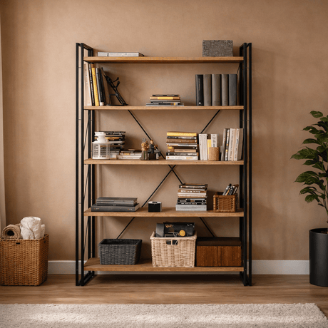 Industrial bookcase pine wood melamine black metal Cosmo 130x180x35 cm