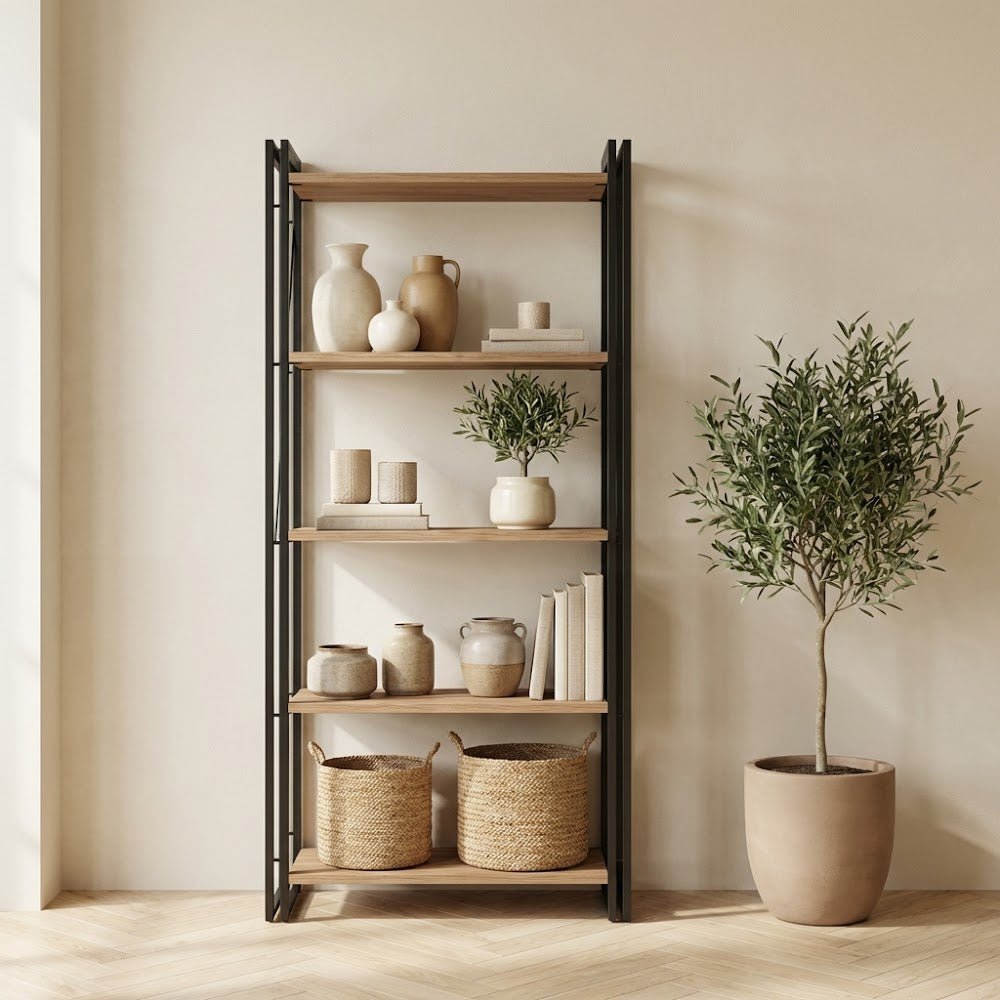Industrial bookcase pine wood melamine black metal Cosmo 60x180x35 cm