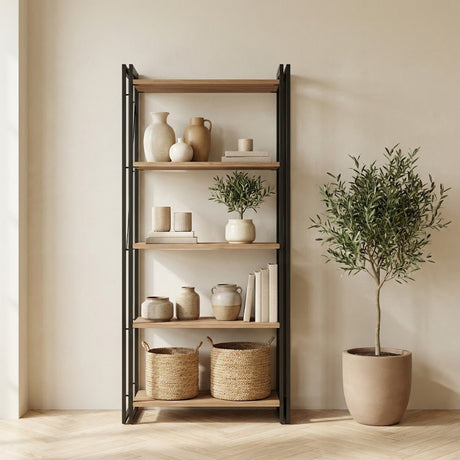 Industrial bookcase pine wood melamine black metal Cosmo 60x180x35 cm