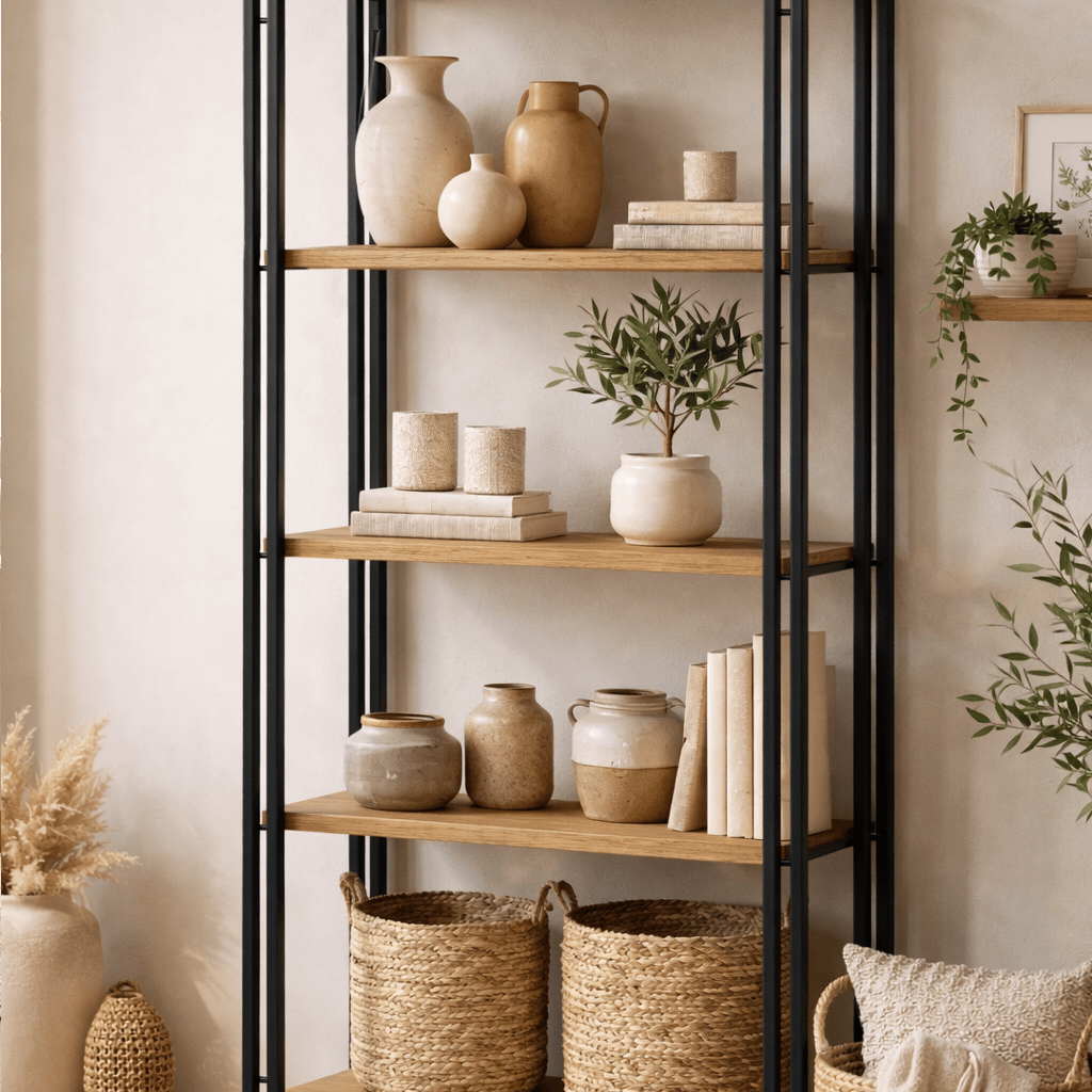Industrial bookcase pine wood melamine black metal Cosmo 60x180x35 cm
