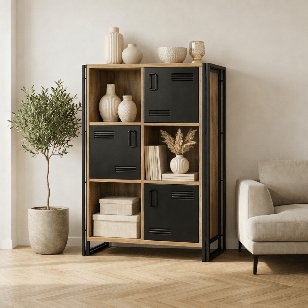 Industrial cabinet pine wood melamine black metal Cosmo 89x127x35 cm
