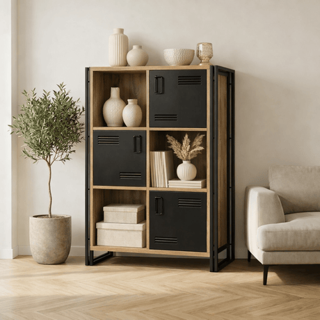 Industrial cabinet pine wood melamine black metal Cosmo 89x127x35 cm