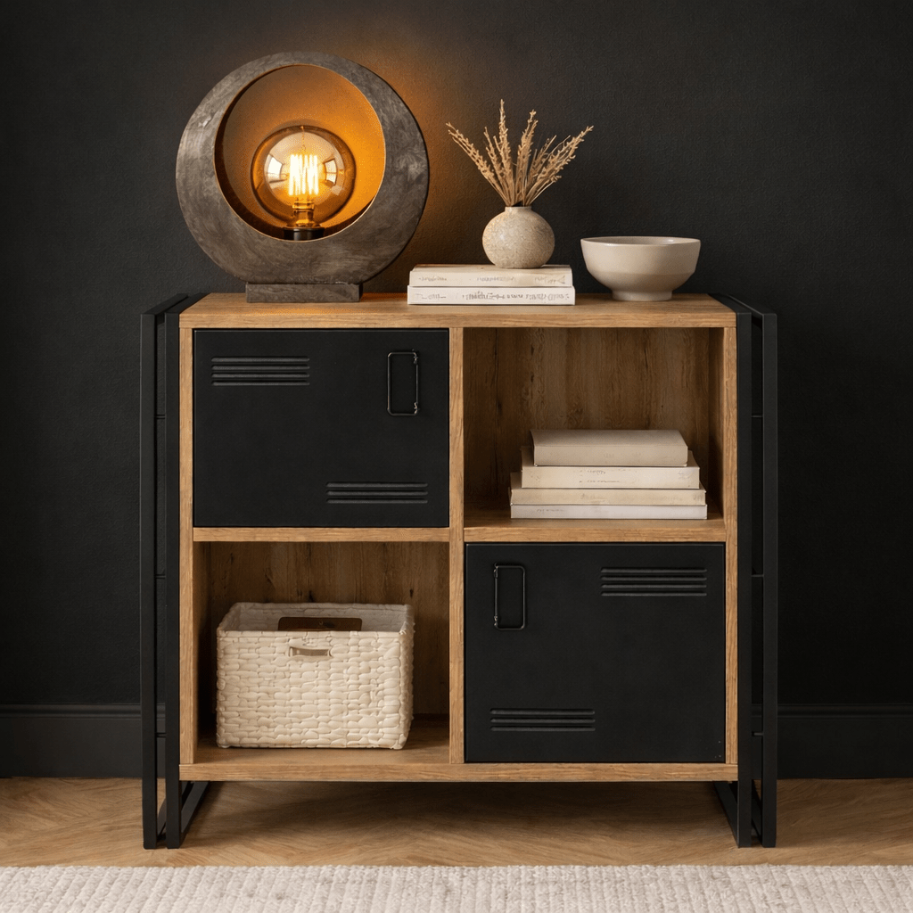 Industrial sideboard pine wood melamine black metal Cosmo 89x89x35 cm