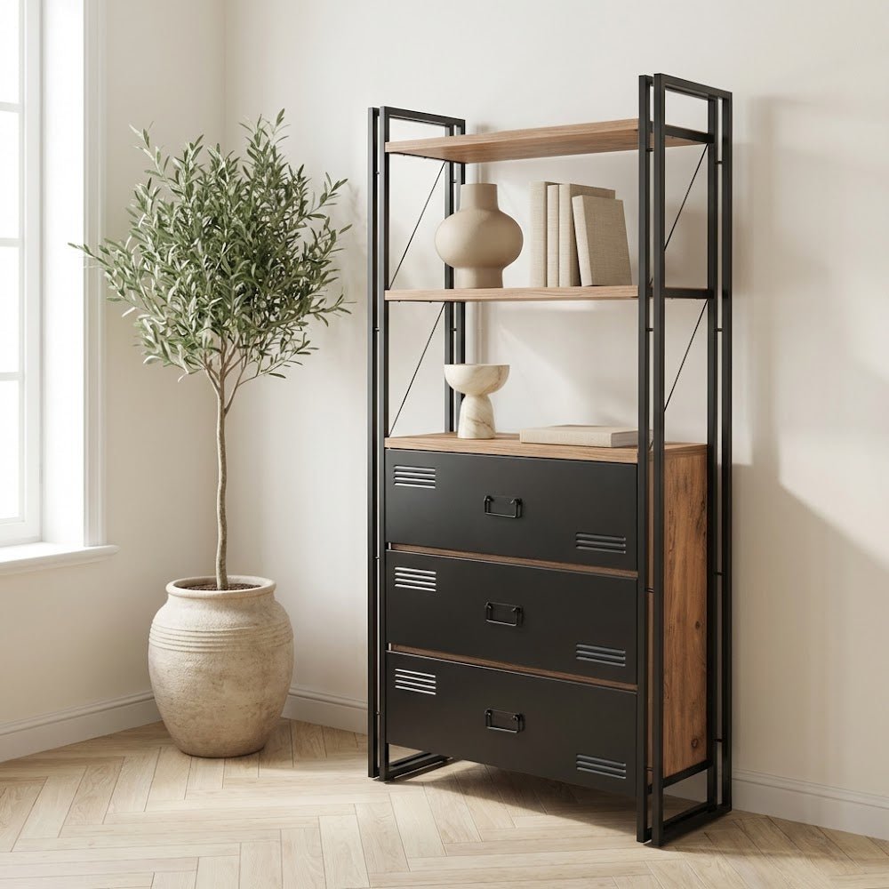 Industrial bookcase with drawers pine wood melamine black metal Cosmo 90x180x35 cm
