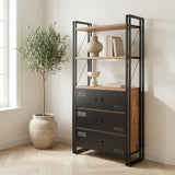 Industrial bookcase with drawers pine wood melamine black metal Cosmo 90x180x35 cm
