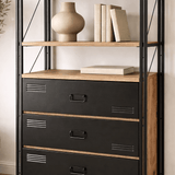 Industrial bookcase with drawers pine wood melamine black metal Cosmo 90x180x35 cm