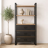 Industrial bookcase with drawers pine wood melamine black metal Cosmo 90x180x35 cm