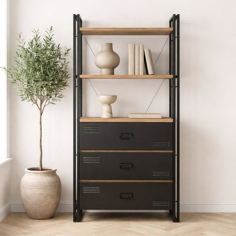Industrial bookcase with drawers pine wood melamine black metal Cosmo 90x180x35 cm