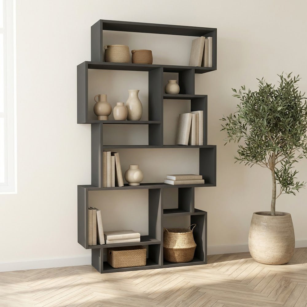 Asymmetric bookcase anthracite melamine Karmato 96x168.5x25.5 cm