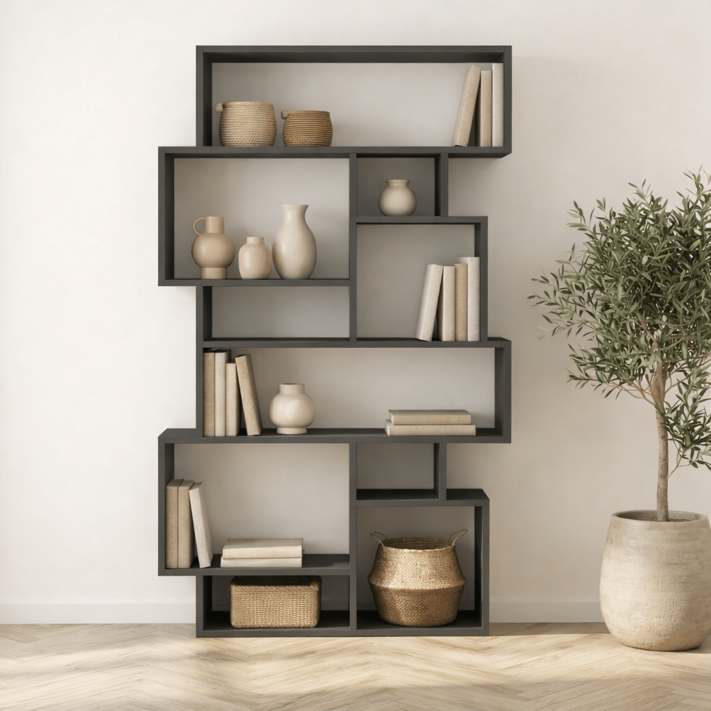 Asymmetric bookcase anthracite melamine Karmato 96x168.5x25.5 cm