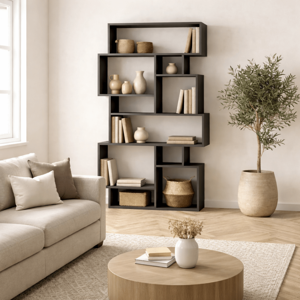 Asymmetric bookcase anthracite melamine Karmato 96x168.5x25.5 cm