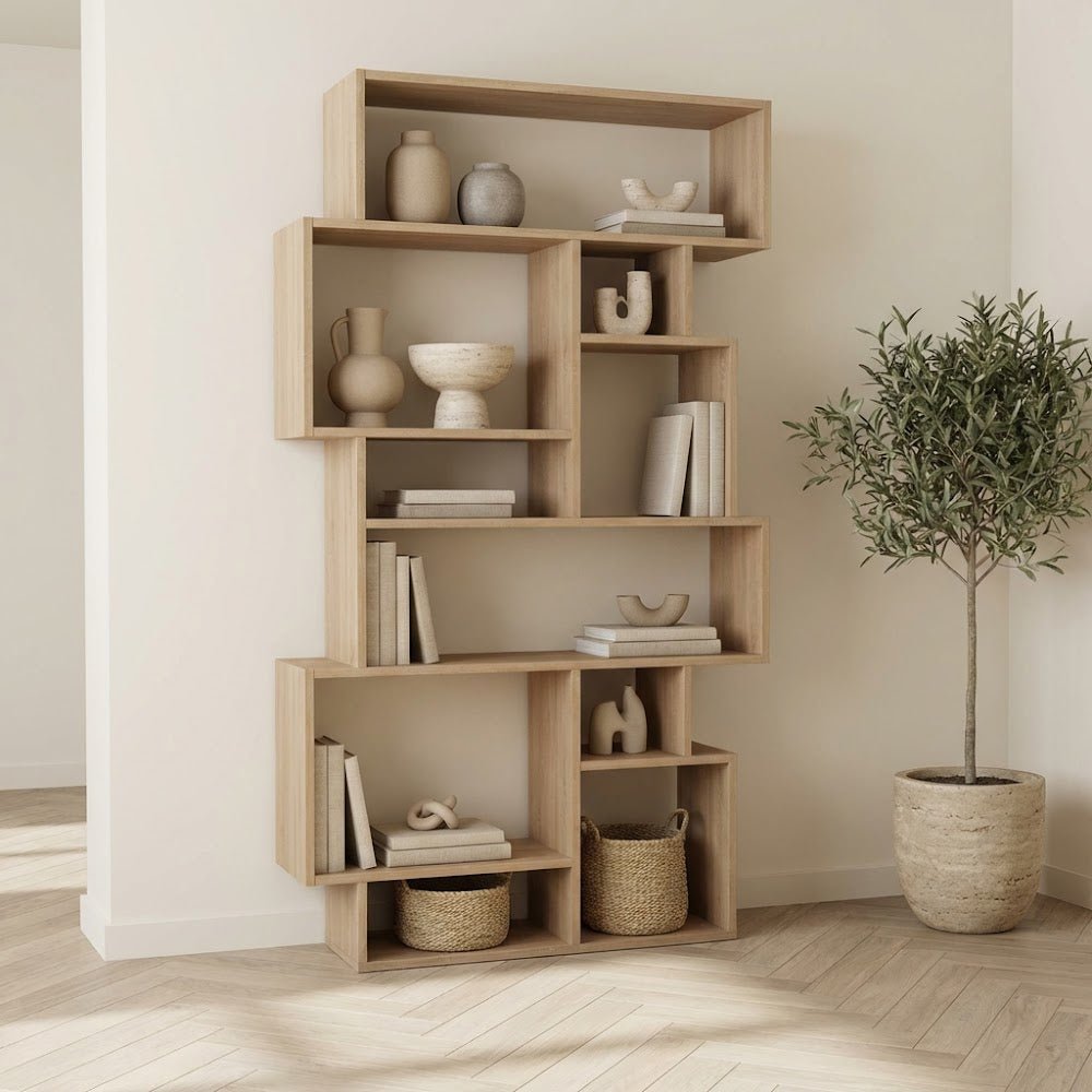 Asymmetric bookcase oak look melamine Karmato 96x168.5x25.5 cm