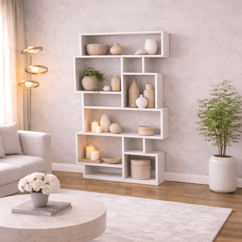 Asymmetric bookcase white melamine Karmato 96x168.5x25.5 cm