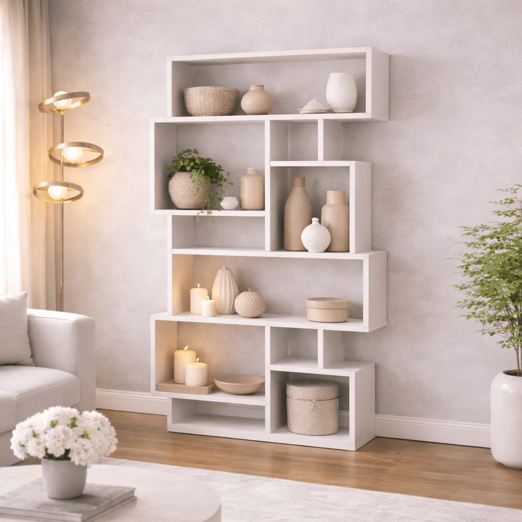 Asymmetric bookcase white melamine Karmato 96x168.5x25.5 cm