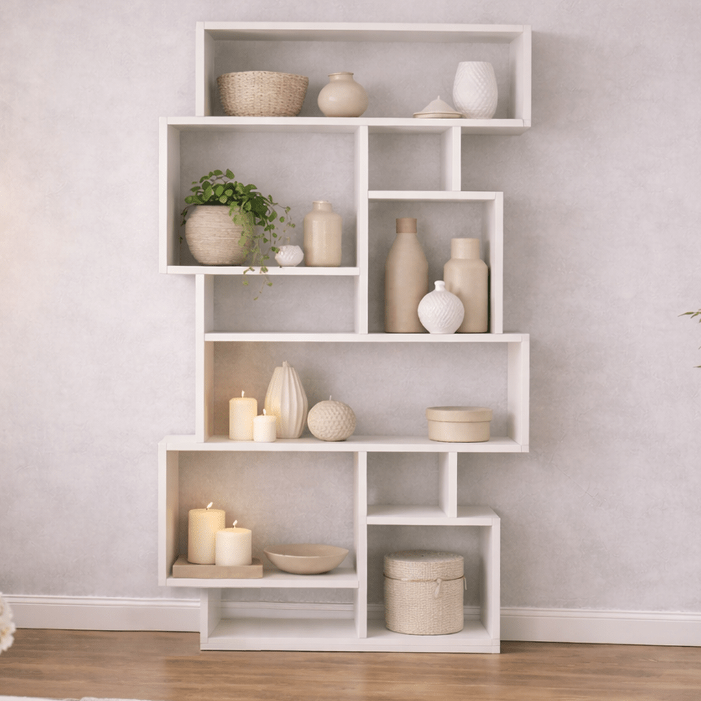Asymmetric bookcase white melamine Karmato 96x168.5x25.5 cm