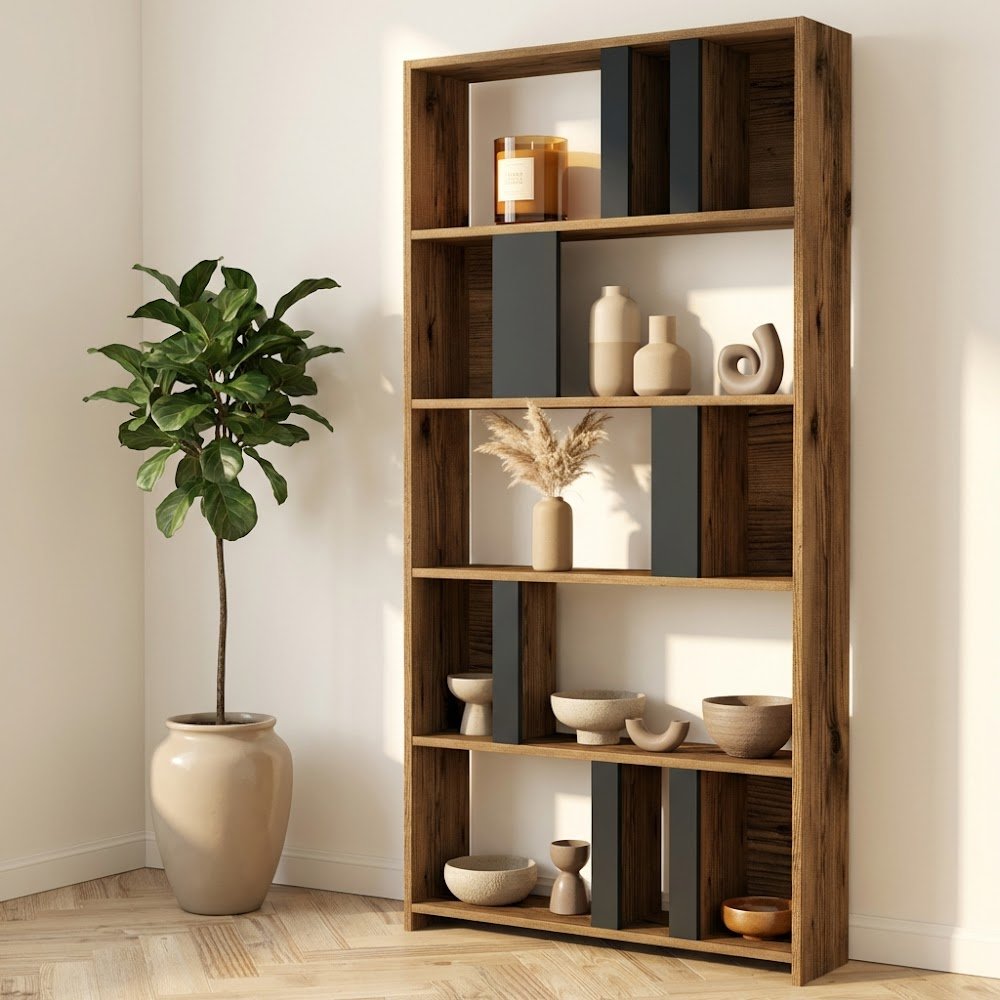Asymmetric bookcase anthracite walnut melamine Lima 90x180x20 cm