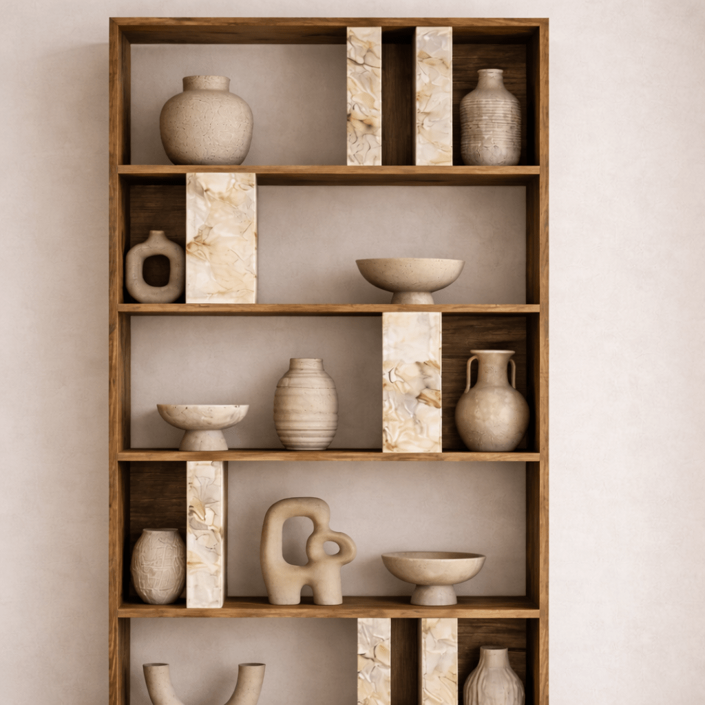 Asymmetrical bookcase marble look walnut melamine Lima 90x180x20 cm