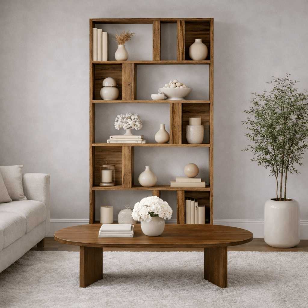 Asymmetrical bookcase walnut melamine Lima 90x180x20 cm