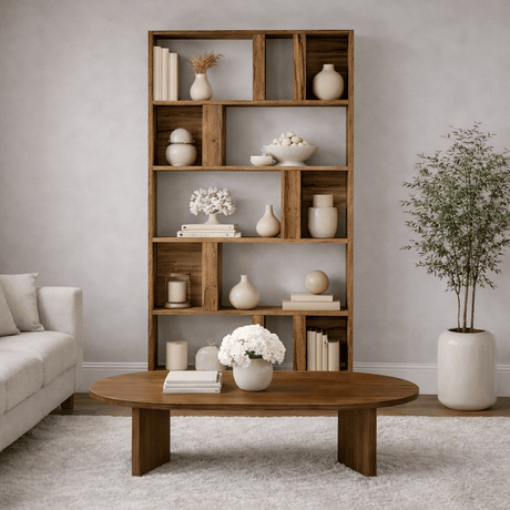 Asymmetrical bookcase walnut melamine Lima 90x180x20 cm